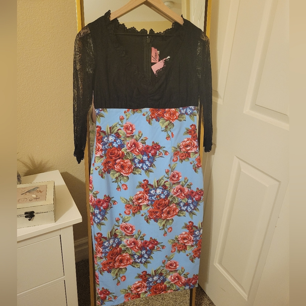 Vixen by Micheline Pitt Black and Floral Midi Dress DISCONTINUED BRAND